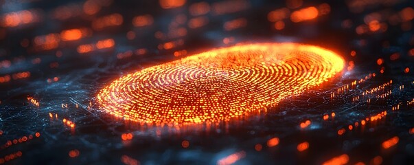 Glowing Fingerprint Scanner with Swirling Code Symbolizing Cybersecurity