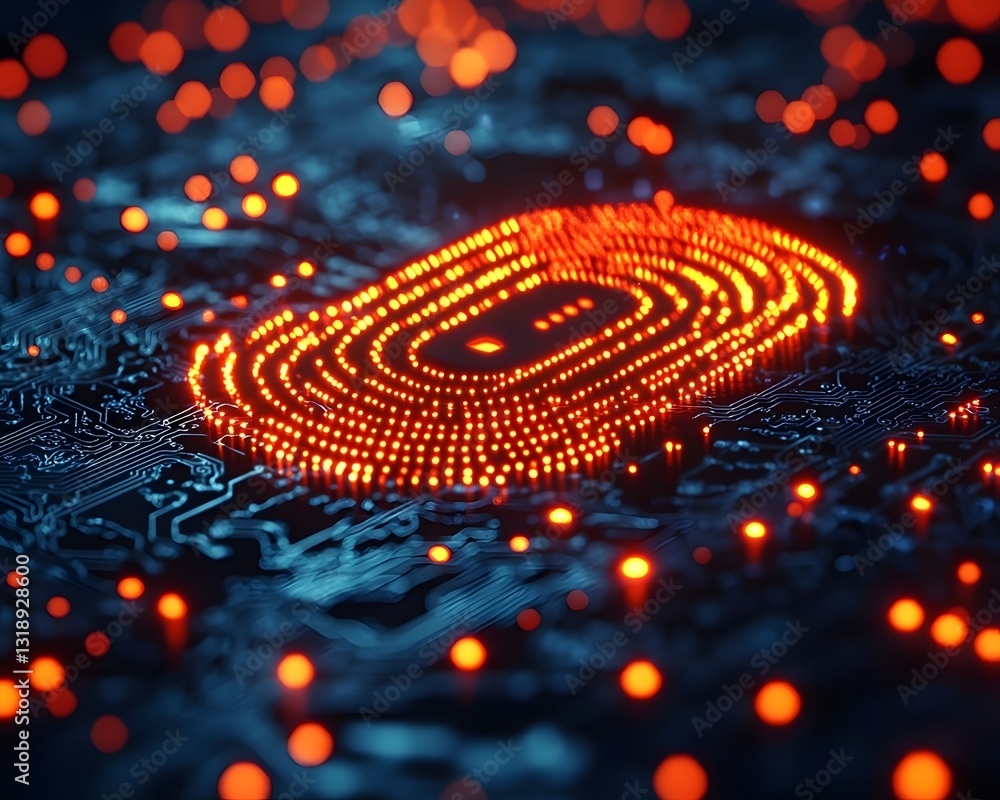 Poster glowing digital authentication device emitting security waves over network cybersecurity concept