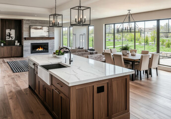 Fototapeta premium Bright and airy modern farmhouse kitchen with a large island, wooden cabinetry, and cozy dining area connected to scenic outdoor views