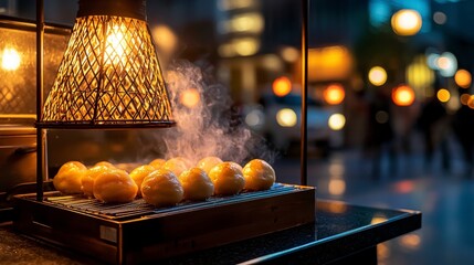 Naklejka premium Lively street food vendor in osaka grilling takoyaki with fresh oranges creating a flavorful atmosphere and exciting culinary experience