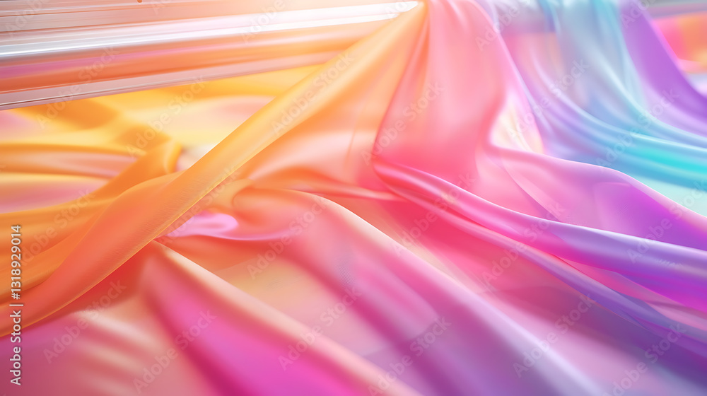Poster flowing silk fabric in vibrant colors textile studio image capture indoor environment close up soft 