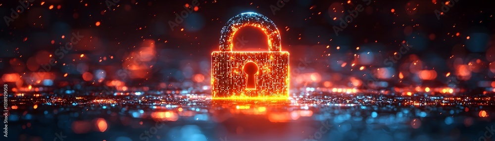 Poster glowing digital lock with multilayered encryption rings and impenetrable code cybersecurity concept