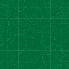 Vector topographic realistic green map. Travel illustration with contour lines. Geographic terrain grid, relief height elevation. Ground path pattern. Navigation, cartography design element.