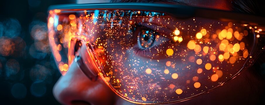 Cybersecurity Analyst Wearing Glasses Monitoring Glowing Threat Alerts in Their Field of View