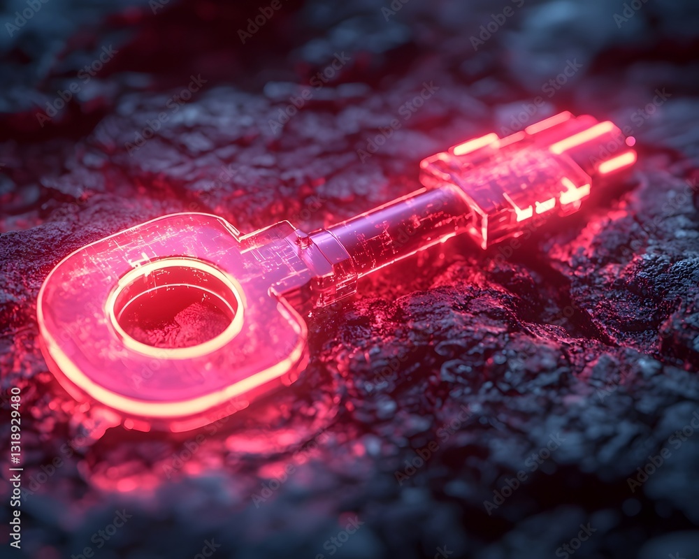 Poster futuristic glowing holographic key for secure digital access and authentication