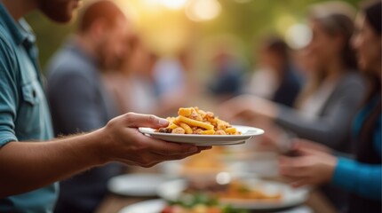 Group Enjoying a Meal Outdoors at Sunset With Delicious Pasta Dishes Served on Plates