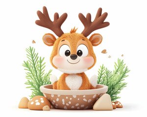 Adorable deer in a bowl surrounded by greenery and mushrooms