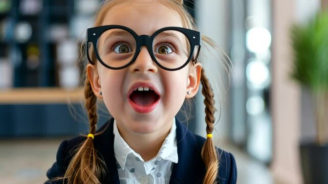 M&auml;dchen mit Brille zeigt &uuml;berraschte Reaktion