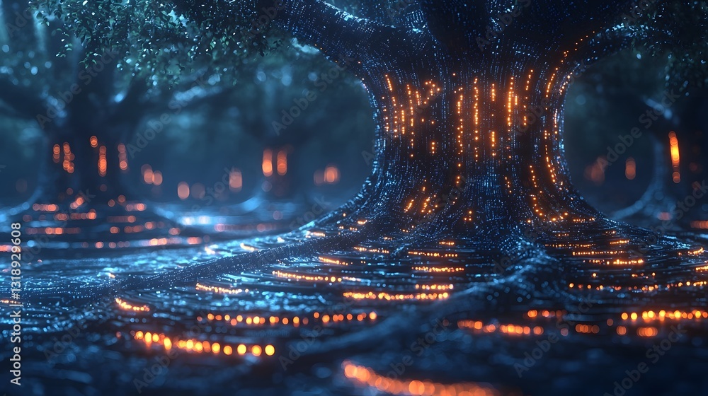 Poster vibrant digital forest with glowing trees symbolizing encrypted data protection