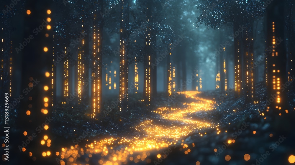 Poster vibrant digital forest with glowing trees symbolizing encrypted cybersecurity data