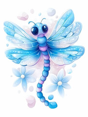 Fototapeta premium Adorable light blue dragonfly with delicate wings and flowers, stylized cartoon design