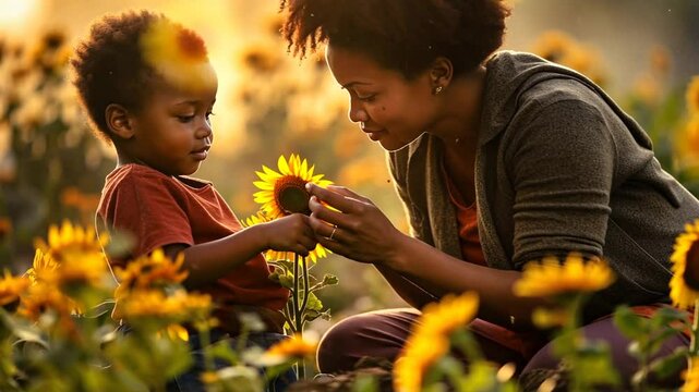 Mutter reicht ihrem Kind eine Blume