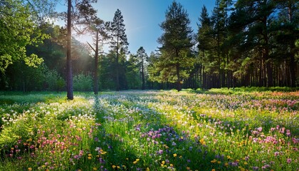 Fototapeta premium Wildflower meadow in the forest, with colorful blossoms dotting the green grass, surrounded by towering trees.