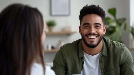 Naklejka premium Joyful young man smiling during conversation with a woman in a bright, modern indoor setting