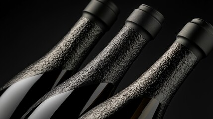 Elegant row of wine bottles, soft light enhancing textures, a refined display of sophistication and craftsmanship.

