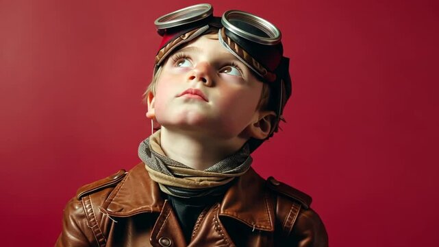 Junge mit Fliegerbrille schaut mutig nach oben