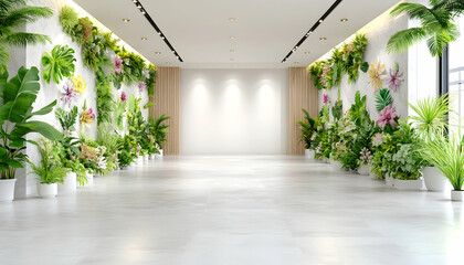 Bright hallway lined with lush plants and flowers