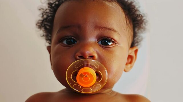 Baby mit Schnuller schaut neugierig in die Kamera