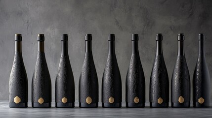 Elegant row of wine bottles, soft light enhancing textures, a refined display of sophistication and craftsmanship.
