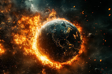 Planet is on fire and surrounded by a lot of debris. The image has a dark and ominous mood, as it depicts a catastrophic event