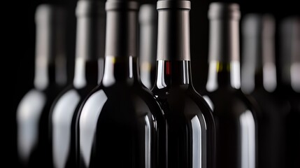 Elegant row of wine bottles, soft light enhancing textures, a refined display of sophistication and craftsmanship.
