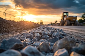 Obraz premium Construction Site Rocks Foreground with Heavy Equipment and Dramatic Sunset