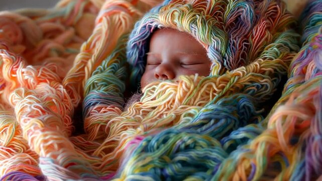 Neugeborenes schl&auml;ft eingekuschelt in bunte Decke
