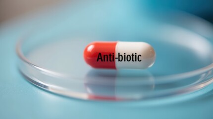 Red and White Capsule Labeled as Anti-Biotic on a Clear Dish Against a Blue Background