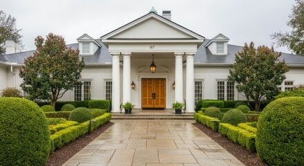 Obraz premium Elegant country house with manicured garden, front columns, and symmetrical design