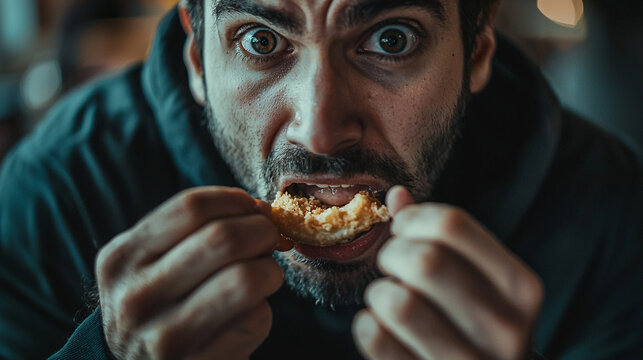 Man ravenously eating delicious crispy fried chicken intensely guy food on transparent background