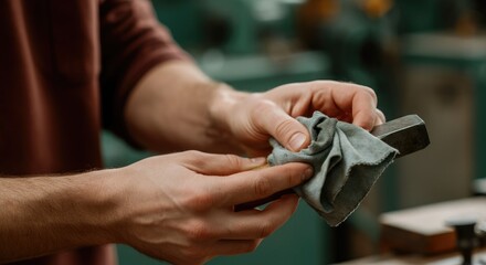 Person cleaning metal tool, showcasing maintenance work