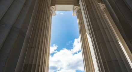 Columns of ancient structure against bright blue sky with clouds