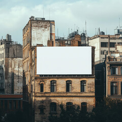 Create an image of a city scene with a billboard on the side of a building. High quality photo