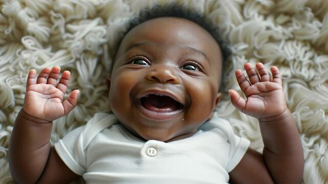 Baby mit strahlendem Lachen zeigt helle Z&auml;hne