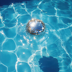 Create an atmospheric image of a sparkling disco ball floating in crystal clear water. High quality photo