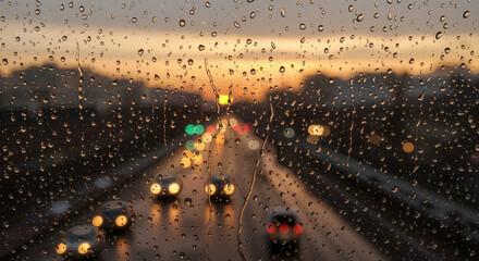 Raindrops on window with blurred city lights during sunset