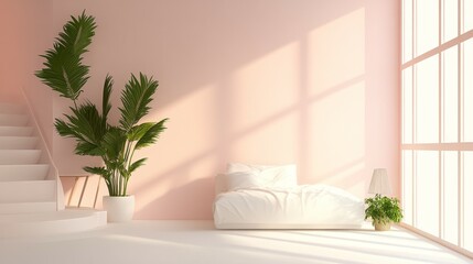 A serene, minimalist bedroom with a soft color palette and natural light.