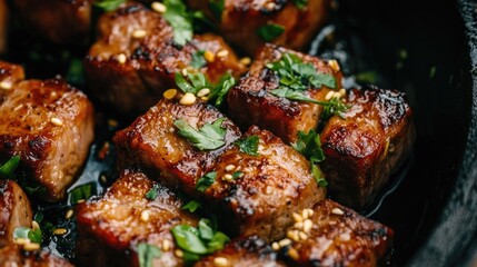 Deliciously Grilled Cubes of Meat with Fresh Herbs and Spices Laying in a Cast Iron Skillet