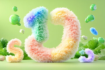 Fototapeta premium Colorful, fluffy 3D letters float against a pale green background with plant decorations