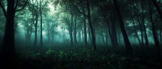 Fototapeta premium Mystical foggy forest with dense trees and an eerie green light filtering through the mist