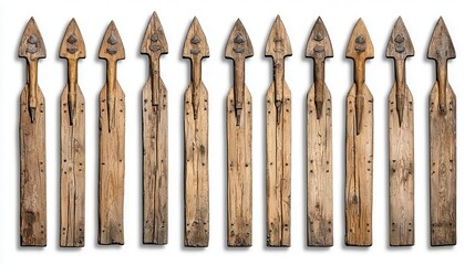 Row of wooden arrow-shaped pointers, isolated on a white background.