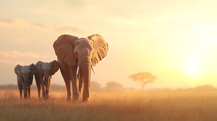 Fototapeta premium Elephants walking at sunset african savanna wildlife photography natural habitat low angle majestic creatures
