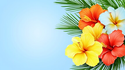 Vibrant Hibiscus Flowers with Palm Leaves on a Light Blue Background