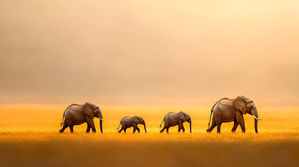 Obraz premium Elephants walking in golden savanna africa wildlife photography natural habitat wide angle family dynamics