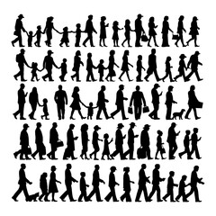 vector illustration. silhouettes of people walking along the street. Large set of characters of different ages.