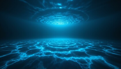Dark, icy oceanic abyss, glacial blue concentric circles, silver lines, underwater sonar signals, bioluminescent whispers, frosty waves, ethereal brushstrokes, mysterious depths