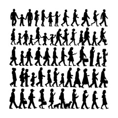 vector illustration. silhouettes of people walking along the street. Large set of characters of different ages.