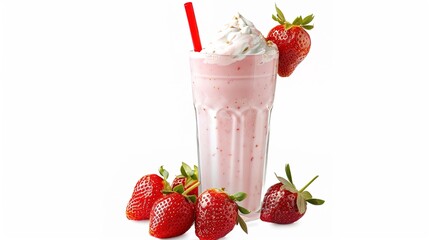 A delicious-looking strawberry milk shake is presented against a clean white background in a PNG format with a transparent effect. The rich pink color of the strawberry milk shake stands out vividly