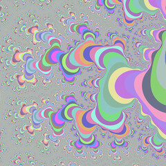 Mesmerizing fractal artwork with pastel-colored, swirling ribbon-like formations cascading into infinity, creating a hypnotic, recursive pattern against a soft muted gray background