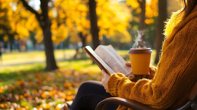 A crisp autumn park, where a person sits on a bench reading a mystery novel while sipping a pumpkin spice latte